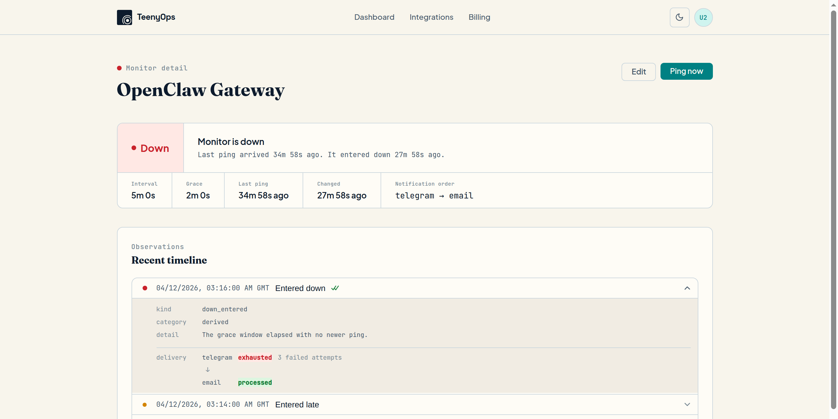 OpenClaw Gateway monitor timeline: Entered down event expanded, showing telegram delivery exhausted with 3 failed attempts followed by email processed