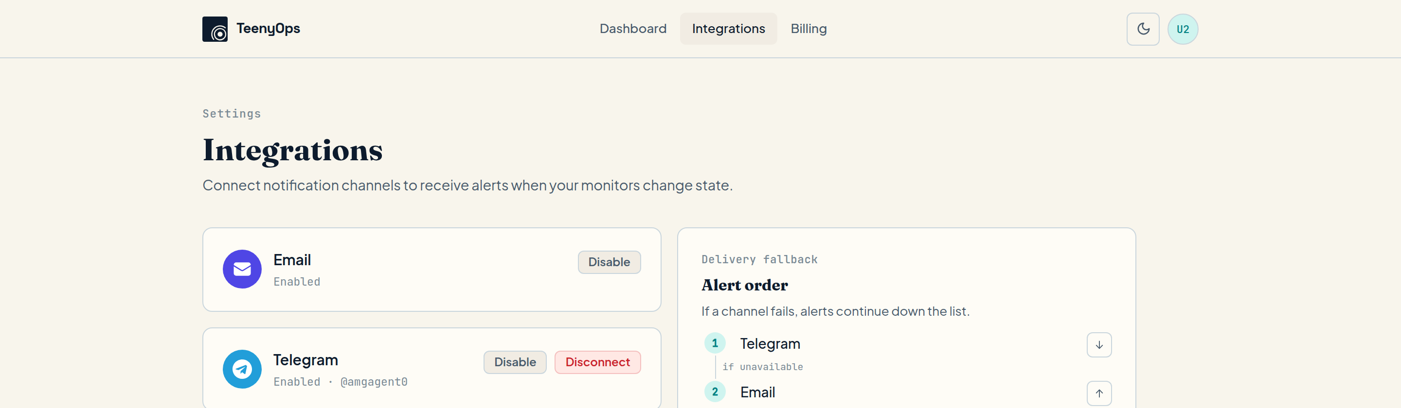 Integrations settings page showing Email enabled and Telegram enabled at @amgagent0, with alert order panel listing Telegram first, if unavailable, Email second